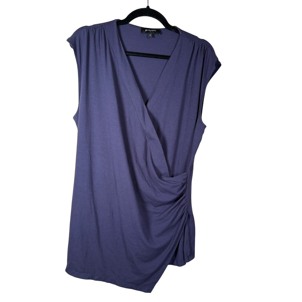 Grayson Womens Navy Sleeveless Surplice Ruched Faux Wrap V-Neck Top Large Office